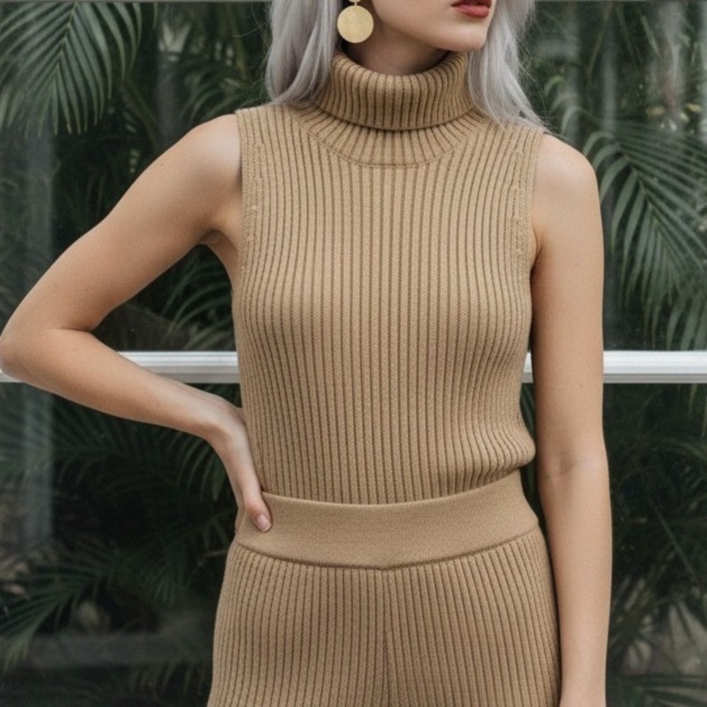 Sisley Sleeveless Turtleneck Women S Tan Wool Blend Open Back Ribbed Knit Italy